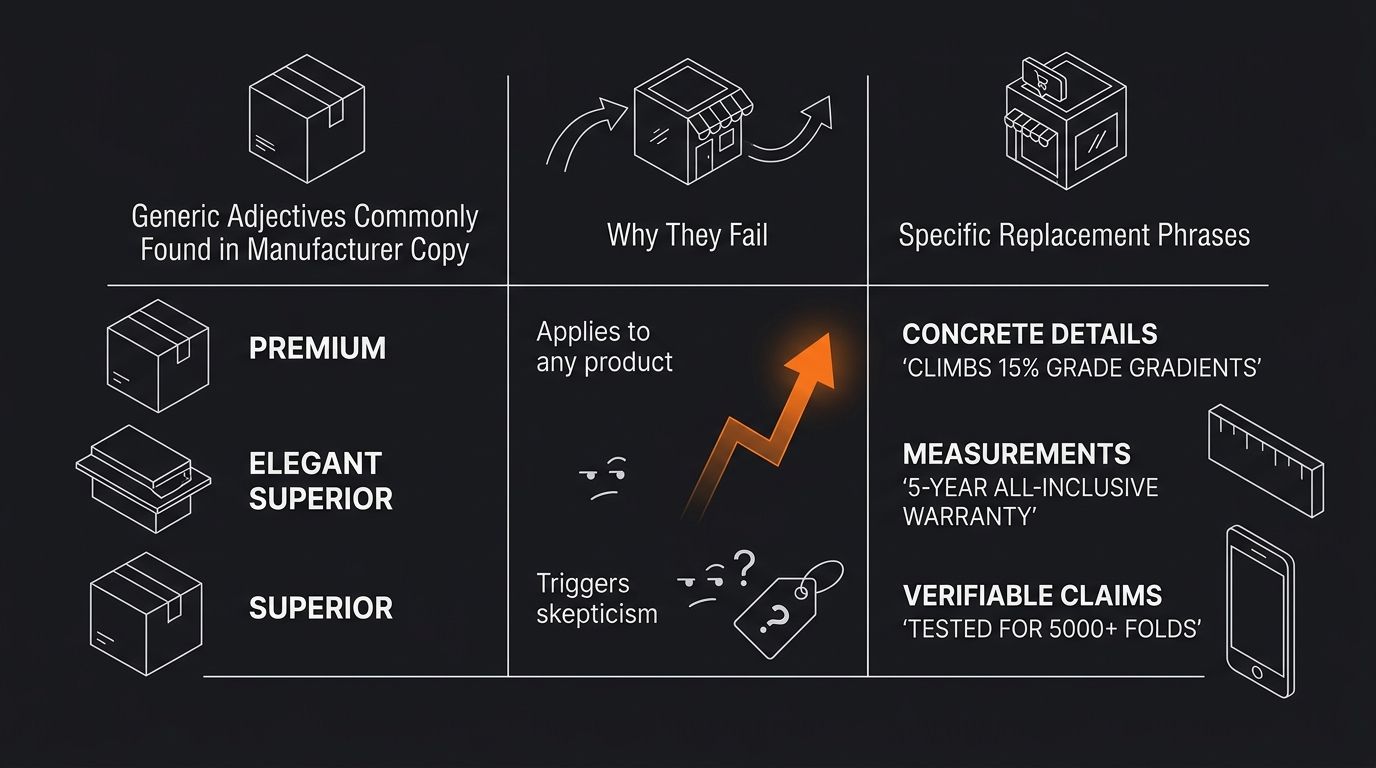 Infographic with three columns showing Column 1 listing generic adjectives commonly found in manufacturer copy like premium and elegant, Column 2 explaining why they fail including applies to any prod