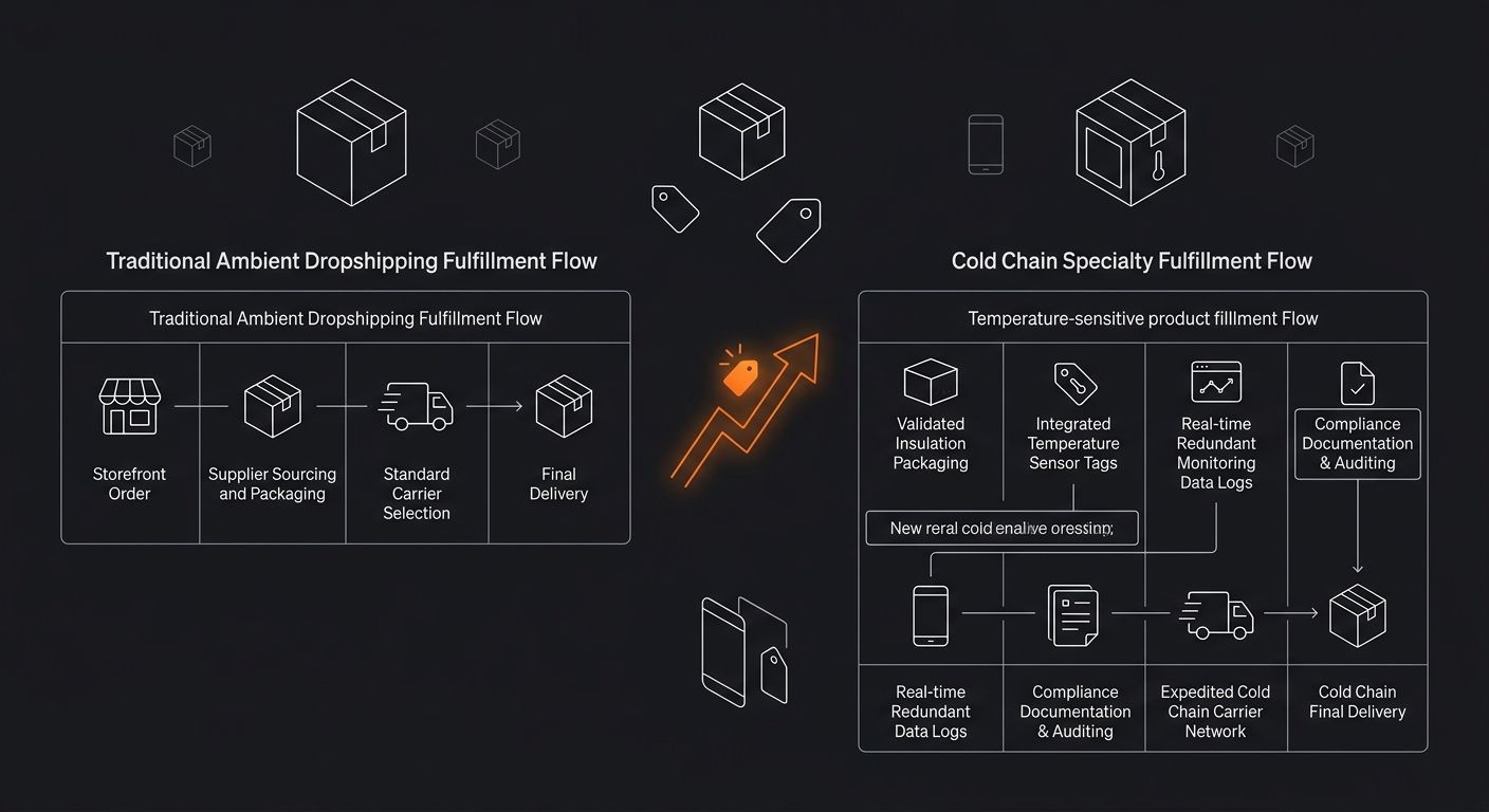 Comparison diagram showing traditional ambient dropshipping fulfillment flow on the left versus cold chain specialty fulfillment flow on the right, highlighting additional steps of temperature monitor