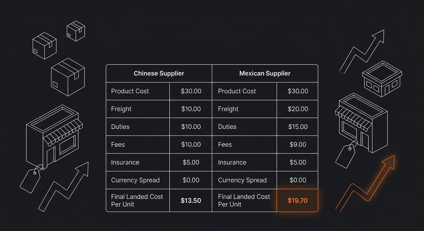 Side-by-side cost breakdown table comparing a Chinese supplier vs. a Mexican supplier for an identical product, showing each cost component (product, freight, duties, fees, insurance, currency spread)