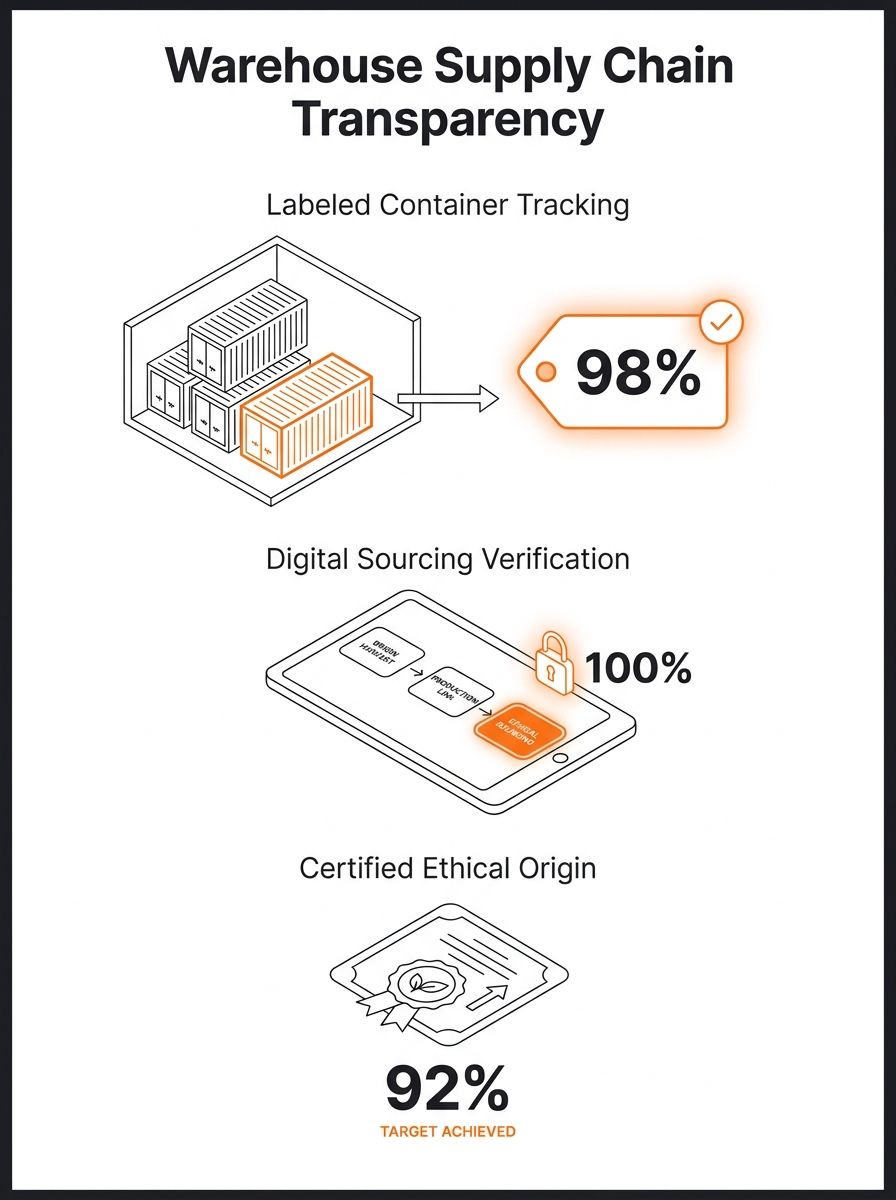 Warehouse facility showing labeled shipping containers and digital tracking screens displaying supply chain transparency data for ethical sourcing verification