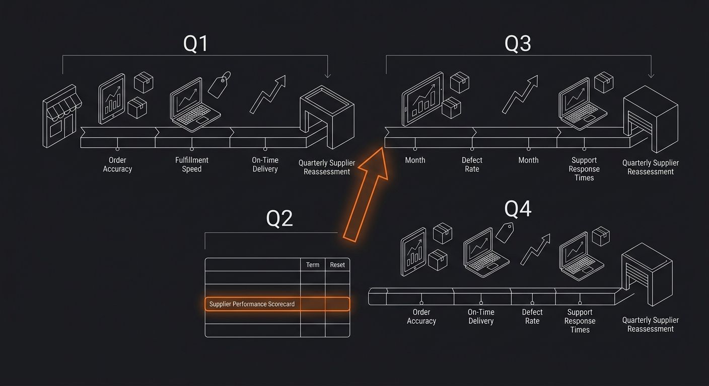 A timeline diagram showing a quarterly supplier reassessment cycle with monthly metric monitoring checkpoints, indicating which specific metrics get checked at each interval