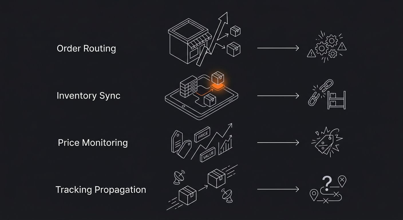 Flowchart showing four automation layers in a dropshipping operation arranged vertically, with order routing at top, inventory sync second, price monitoring third, and tracking propagation at bottom,