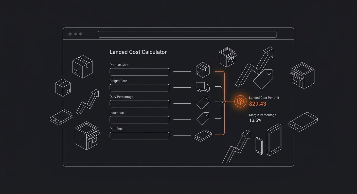 screenshot-style mockup of a landed cost calculator dashboard showing input fields for product cost, freight rate, duty percentage, insurance, and port fees, with a final landed cost per unit output a