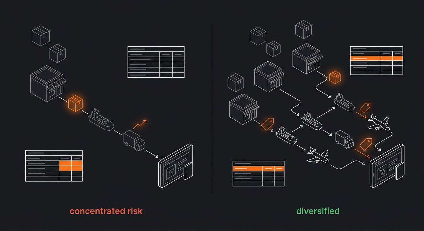A side-by-side comparison diagram showing two dropshipping supply chain setups — one with a single supplier flowing through one port and one carrier labeled concentrated risk in red, and another with