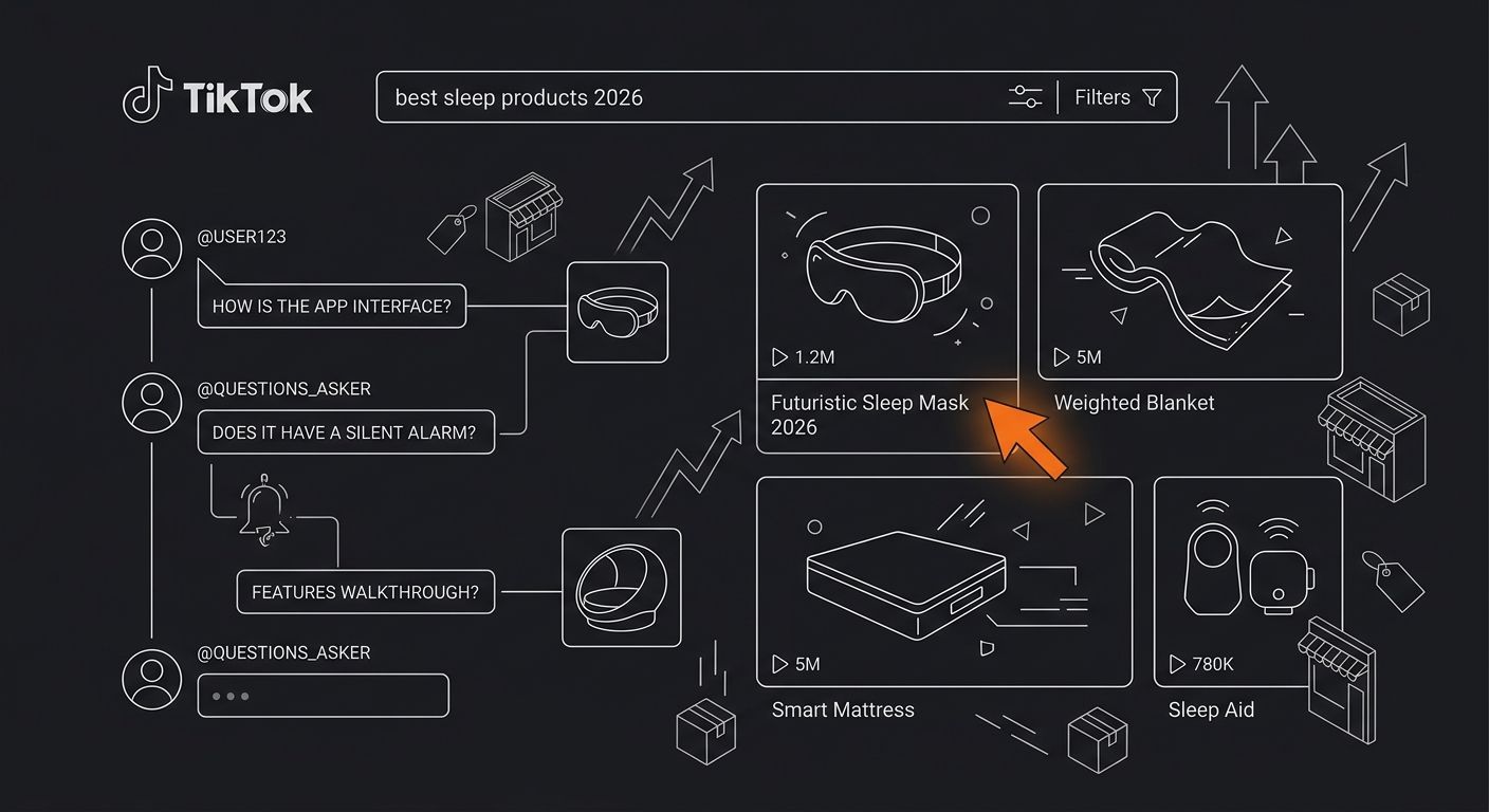 screenshot-style mockup showing a TikTok search results page for "best sleep products 2026" with product videos, view counts, and a comment section highlighting user questions about specific product f