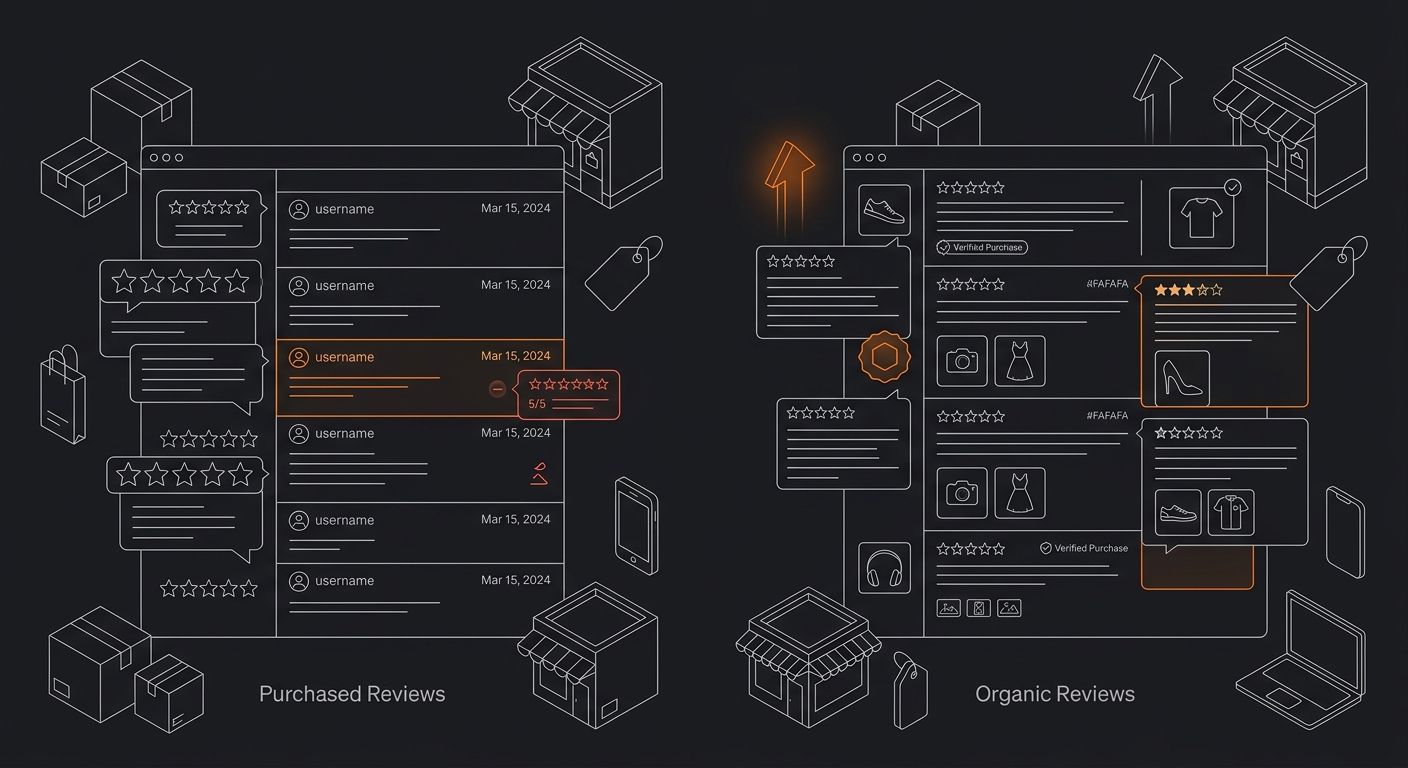 side-by-side comparison of two product review sections - left side showing a cluster of generic five-star reviews with identical timestamps and no photos labeled "Purchased Reviews," right side showin