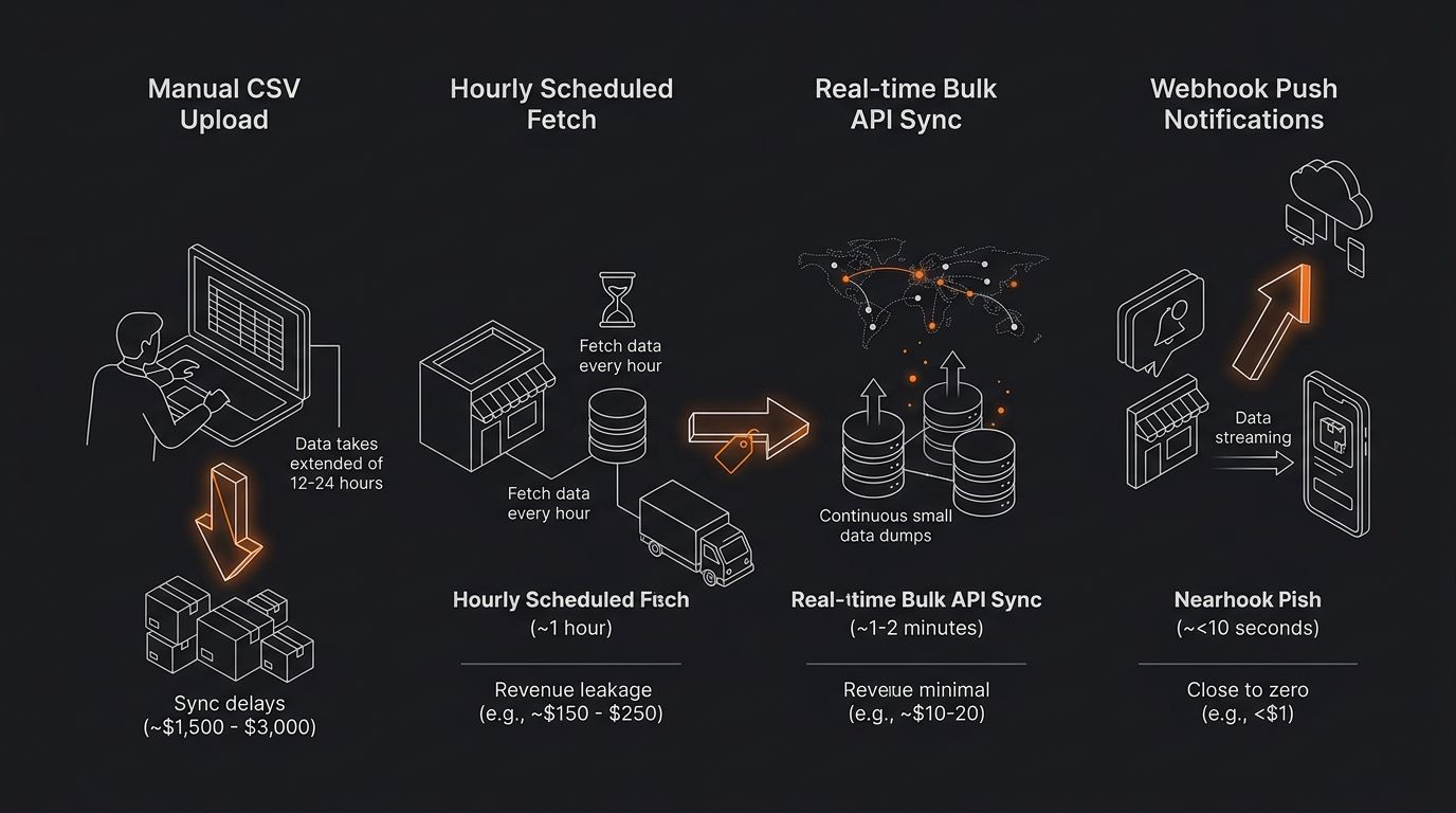An infographic showing a timeline comparison of different inventory sync methods from manual CSV to webhook push, with each method displaying the window of oversell risk exposure measured in hours and