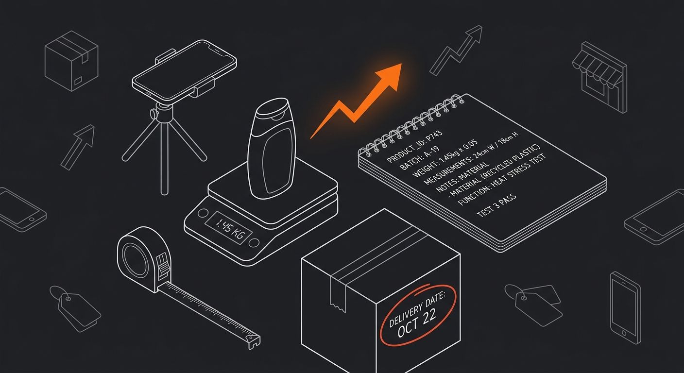 flat-lay photograph of a product testing workspace showing a sample product next to a measuring tape, kitchen scale, smartphone on a small tripod for photos under natural window light, a notebook with