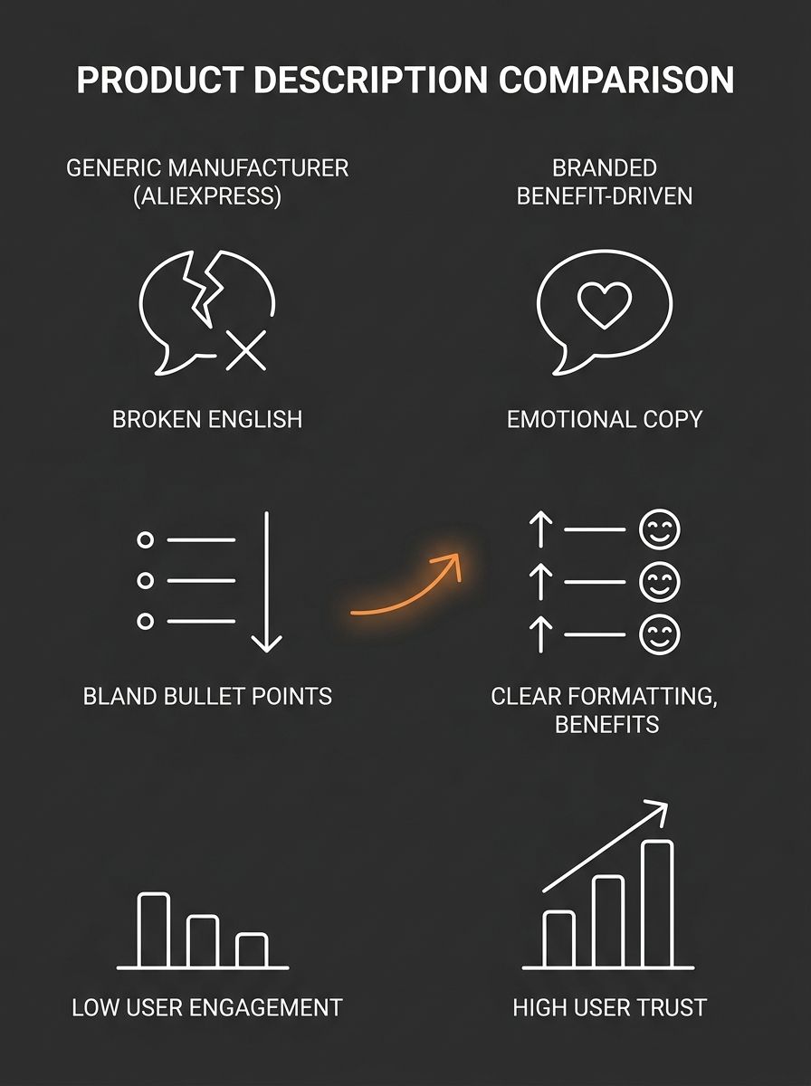 Side-by-side comparison of a generic AliExpress manufacturer product description on the left showing bland bullet points and broken English versus a branded benefit-driven product description on the r