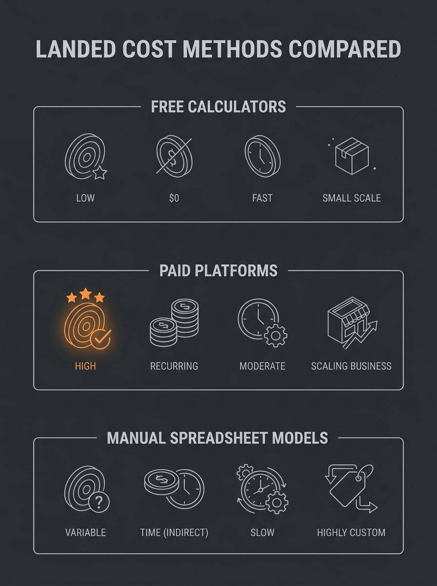 Infographic comparing three landed cost calculation methods side by side — free calculators, paid platforms, and manual spreadsheet models — showing accuracy rating, cost, setup time, and best use cas