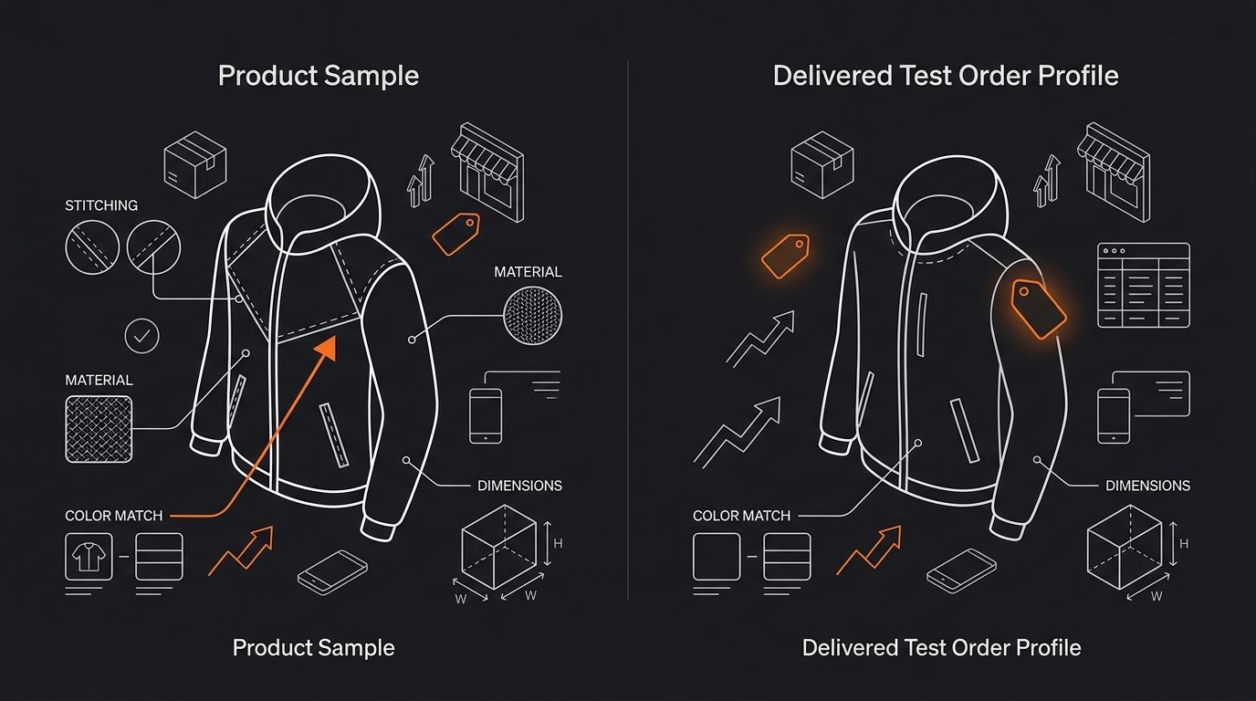 Side-by-side photo comparison layout showing a product sample on the left and a delivered test order product on the right, with annotation callouts highlighting areas to check like stitching, material