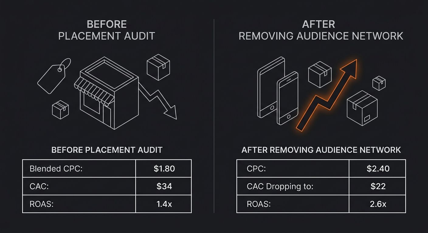 a side-by-side comparison table showing two scenarios, left side labeled Before Placement Audit with blended CPC of $1.80 and CAC of $34 and ROAS of 1.4x, right side labeled After Removing Audience Ne