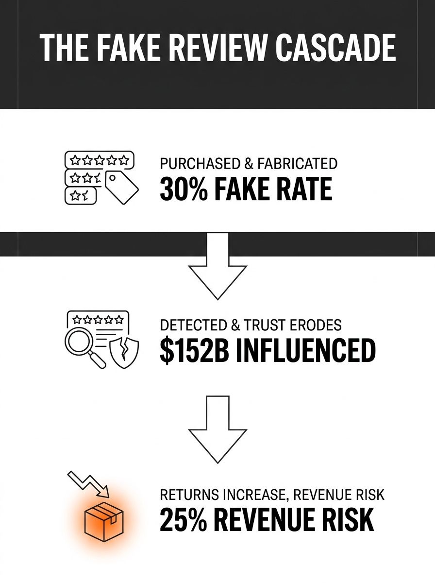 infographic showing the chain reaction of fake reviews - starting with purchased reviews, leading to consumer detection, trust penalty, increased returns, and revenue loss, with key statistics ($152B