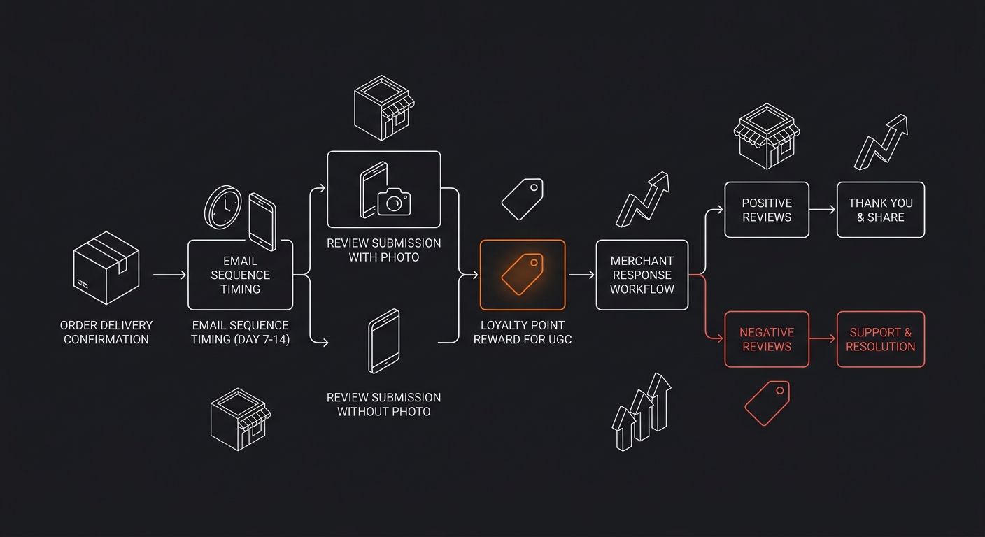 A flowchart diagram showing an authentic review collection system for a dropshipping store, flowing from order delivery confirmation through email sequence timing at day 7-14, branching into review su