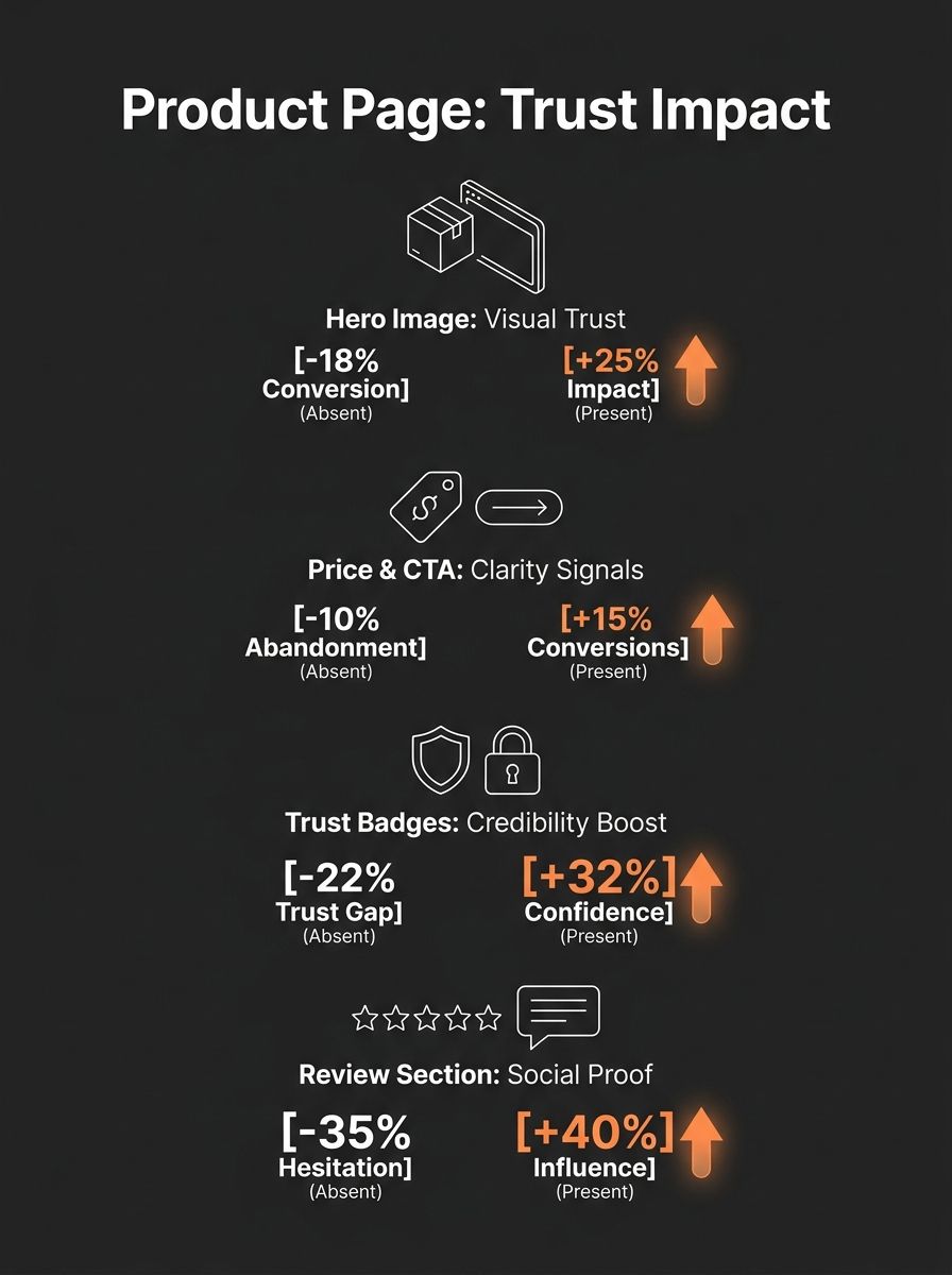 Infographic showing a product page breakdown with labeled zones — hero image, price, description, review section, trust badges near CTA — with conversion impact percentages for each zone when trust si