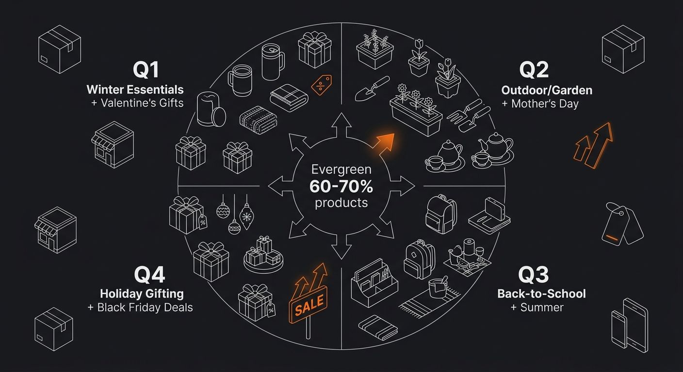 A quarterly product rotation diagram showing a "home and lifestyle" dropshipping store with an evergreen core of 60-70% products and rotating seasonal selections for Q1 (winter essentials + Valentine'