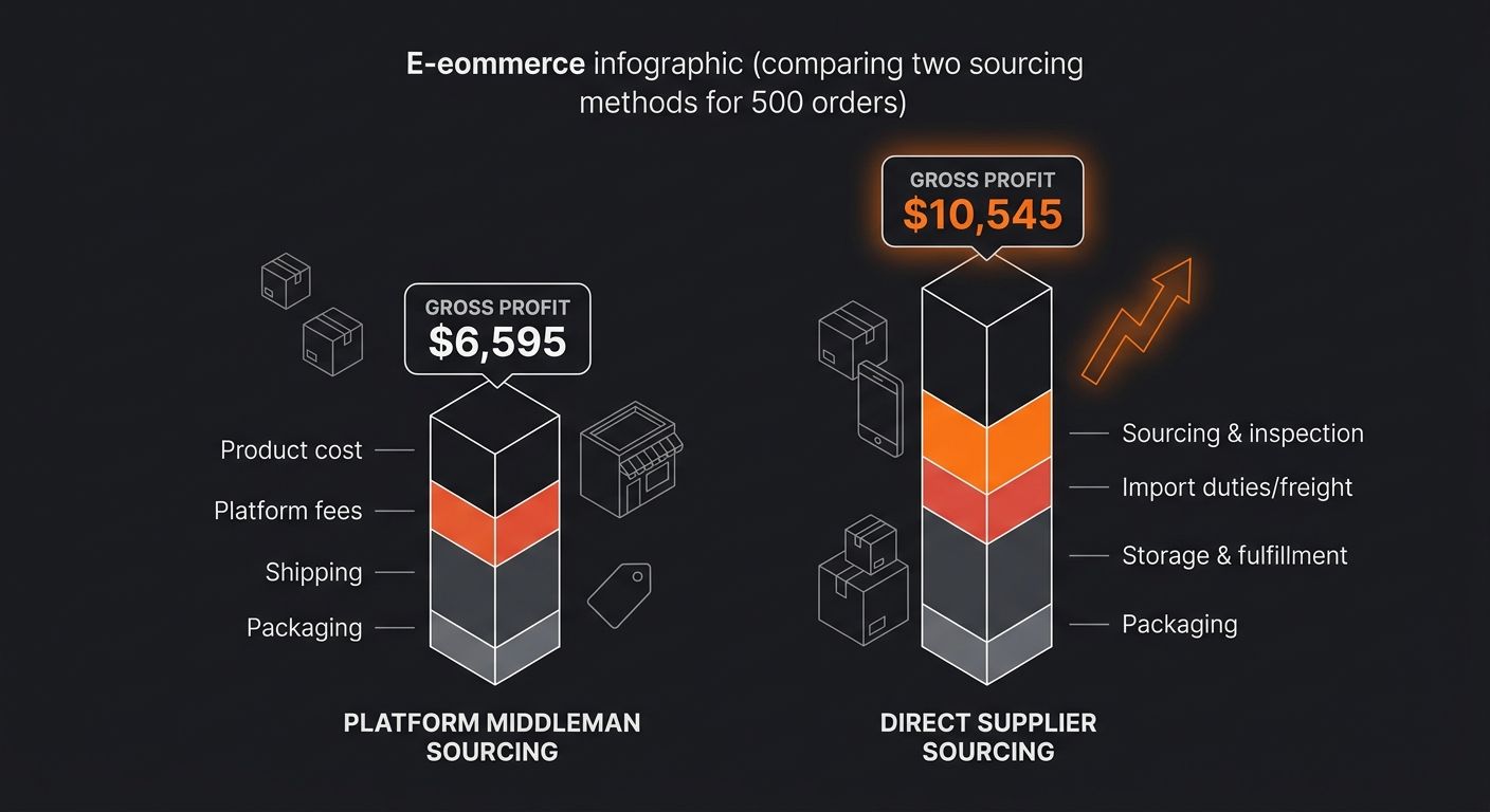 side-by-side bar chart comparing monthly gross profit between platform middleman sourcing ($6,595) and direct supplier sourcing ($10,545) on 500 orders of the same product, with cost components broken