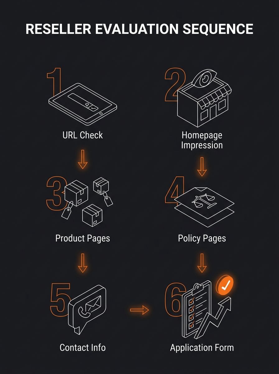 flowchart showing a supplier's evaluation sequence when reviewing a reseller application — starting with URL check, then homepage impression, product pages, policy pages, contact info, and finally the