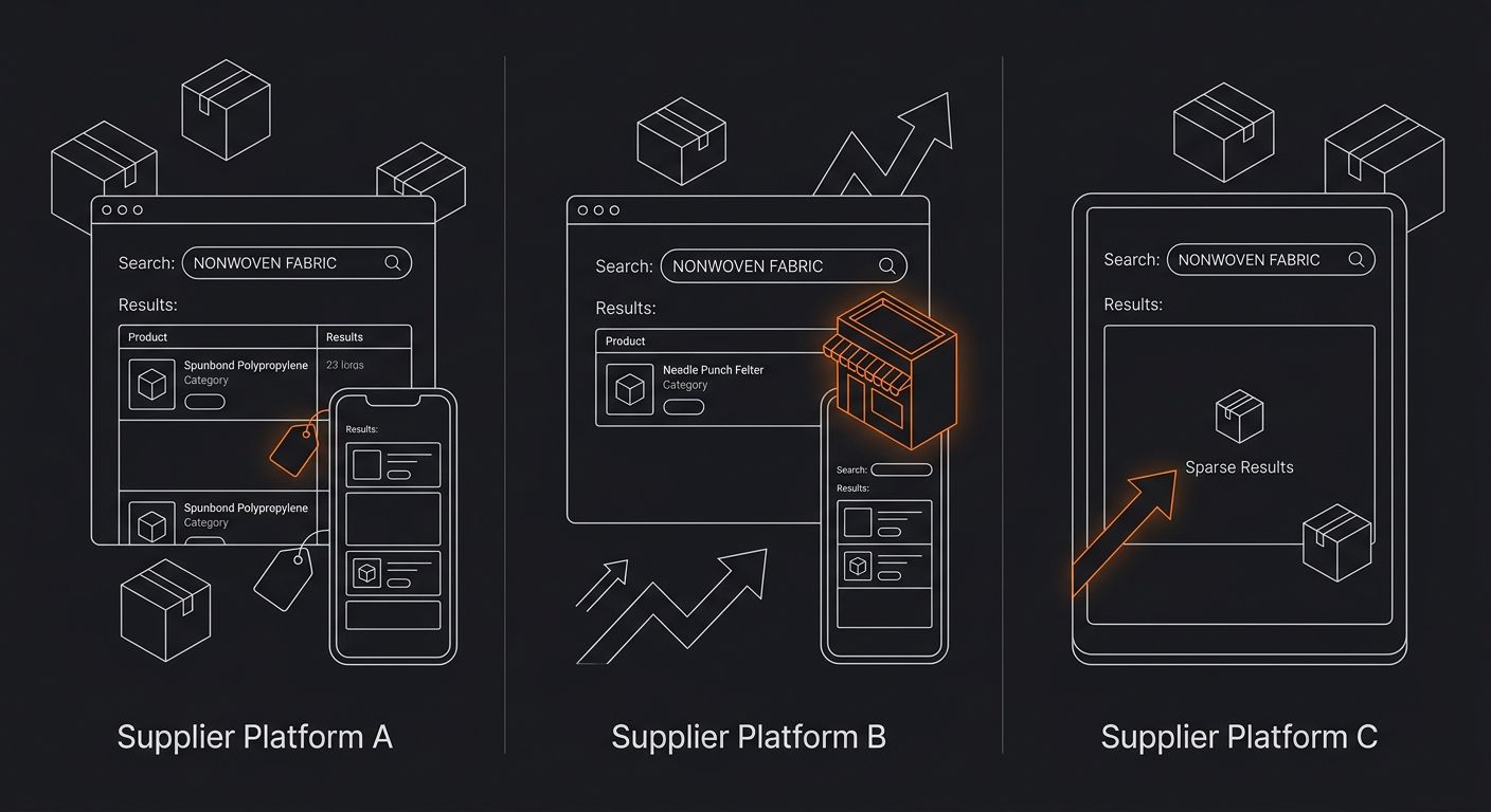 side-by-side comparison showing three supplier platform interfaces with search results for nonwoven fabric products, highlighting the sparse results and coverage gaps