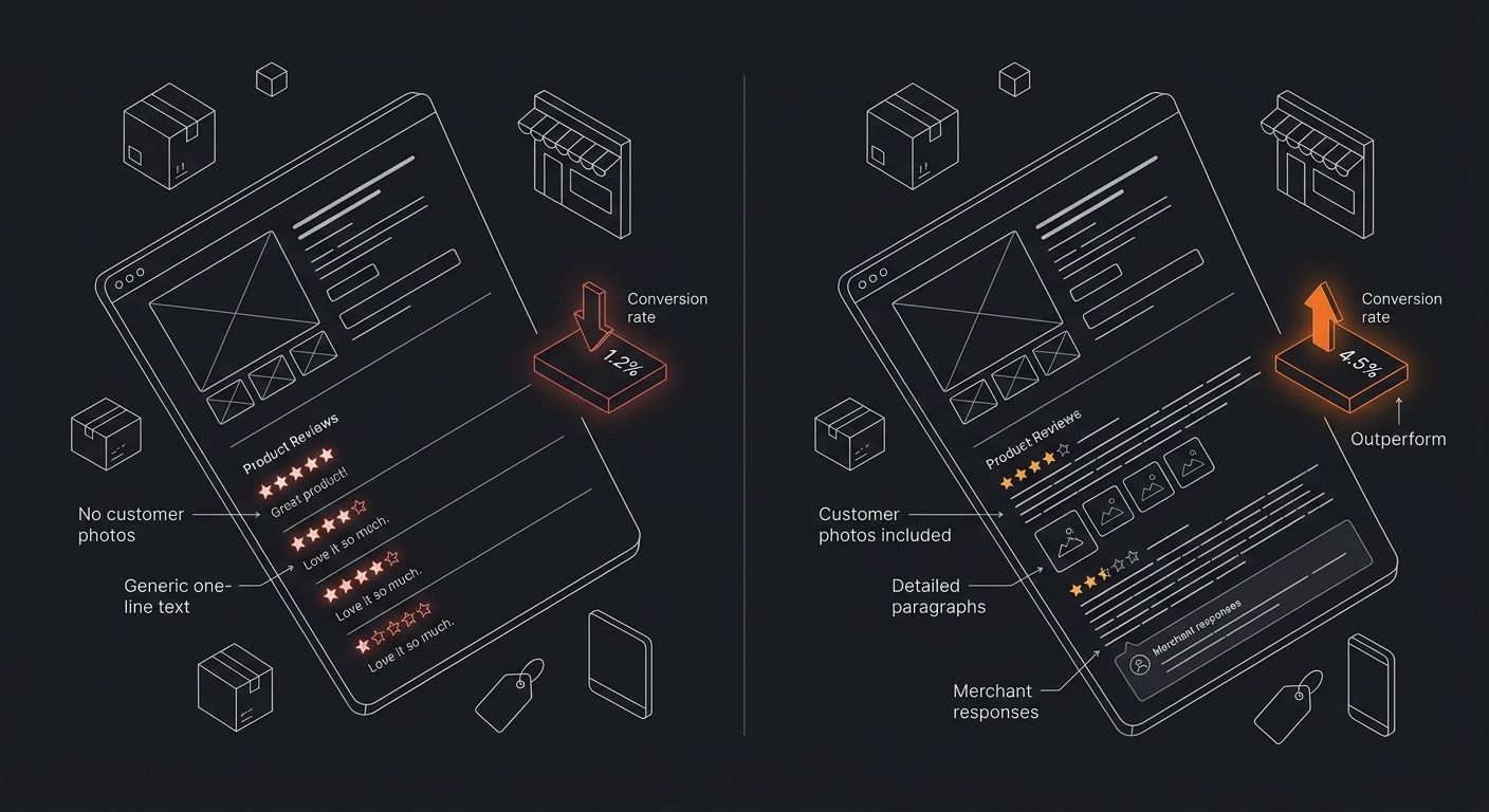 A split-screen comparison showing two Shopify product pages side by side—one with clearly fake reviews featuring all 5 stars, no customer photos, and generic one-line text, and one with authentic mixe