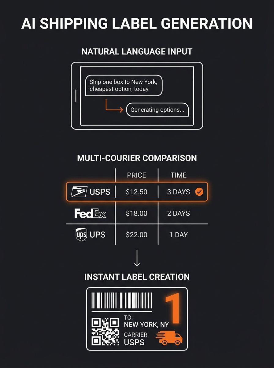 AI chat interface showing natural language shipping label generation across multiple courier options