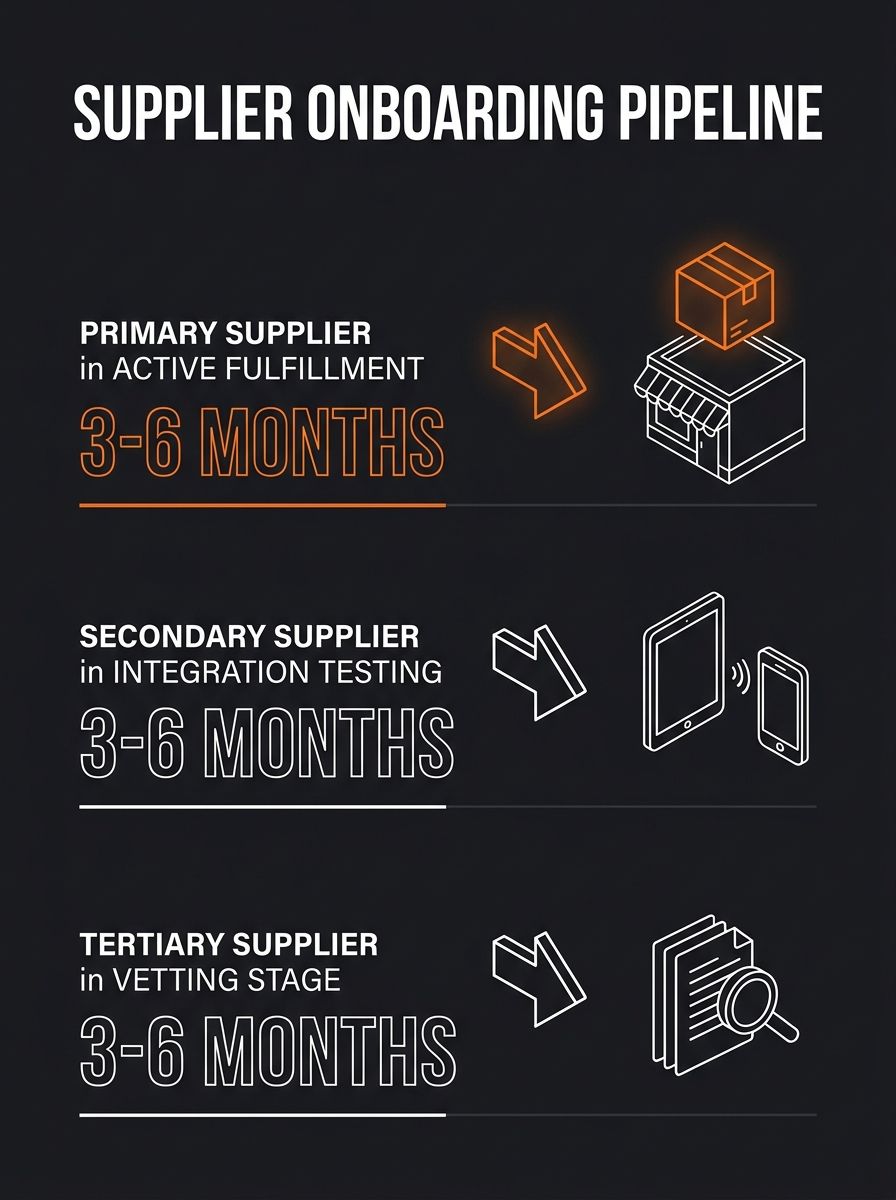 Infographic showing a supplier onboarding pipeline with three parallel tracks labeled primary supplier in active fulfillment, secondary supplier in integration testing, and tertiary supplier in vettin