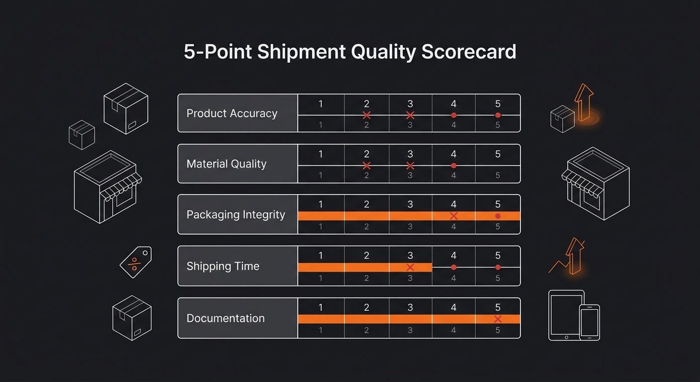 an infographic showing the 5-Point Shipment Quality Scorecard with five horizontal bars representing each category (product accuracy, material quality, packaging integrity, shipping time, documentatio