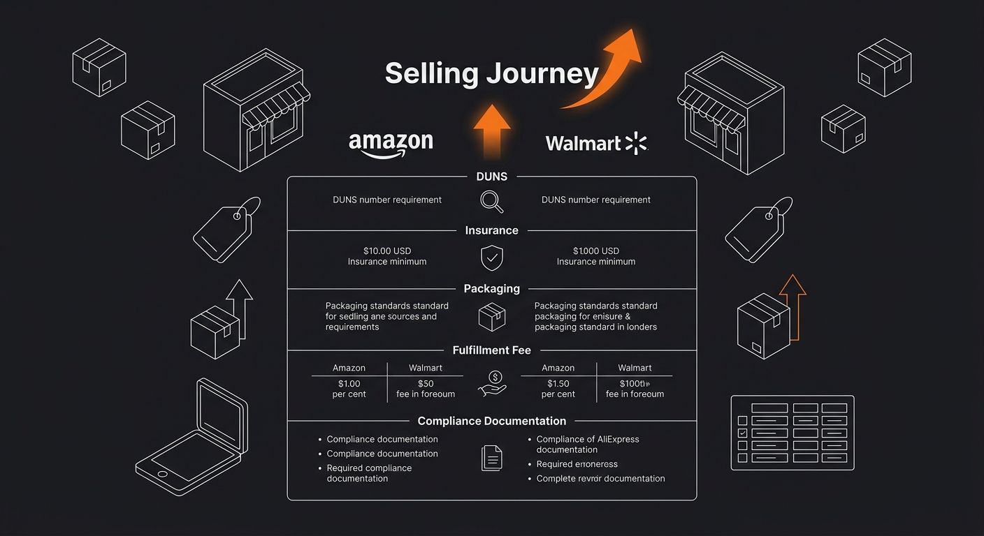 a side-by-side comparison chart of Amazon vs Walmart seller requirements showing DUNS number requirements, insurance minimums, packaging standards, fulfillment fee structures, and compliance documenta