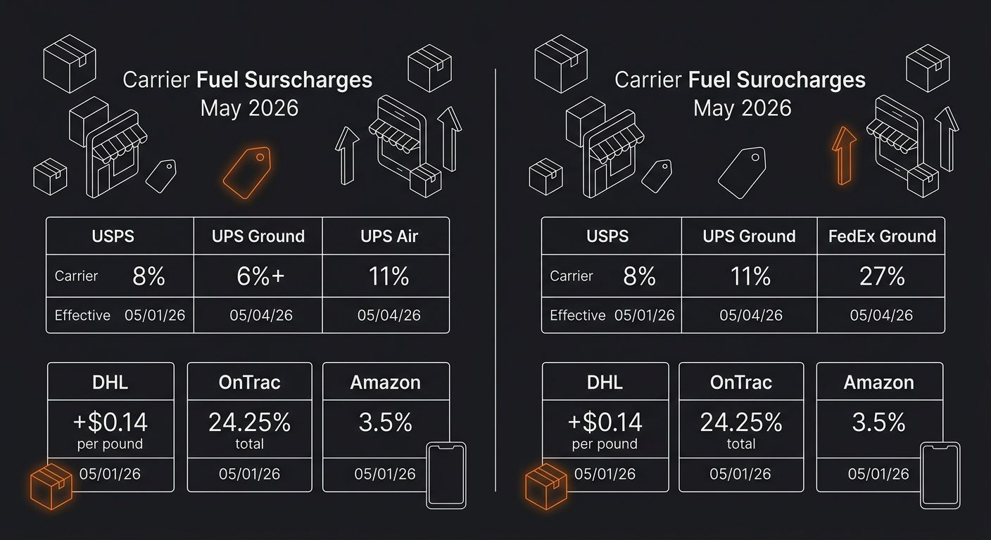 side-by-side visual comparing carrier fuel surcharges in May 2026 showing USPS at 8 percent, UPS Ground at 6 percent plus, UPS Air at 11 percent, FedEx Ground at 27 percent, DHL at plus $0.14 per poun
