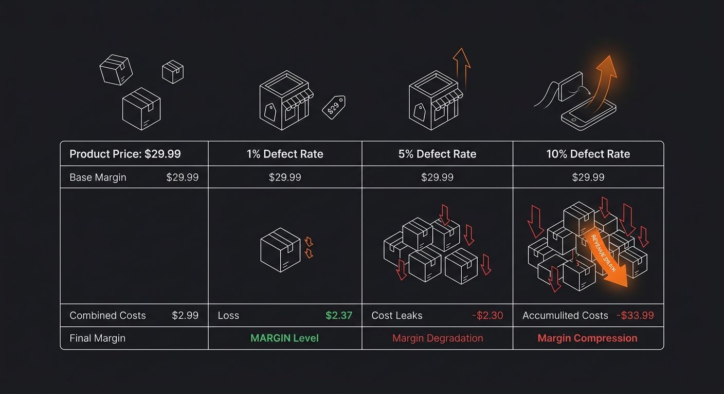A simple comparison table visualization showing margin impact at 1%, 5%, and 10% defect rates for a $29.99 product, with cost breakdowns for refunds, replacements, and wasted CAC