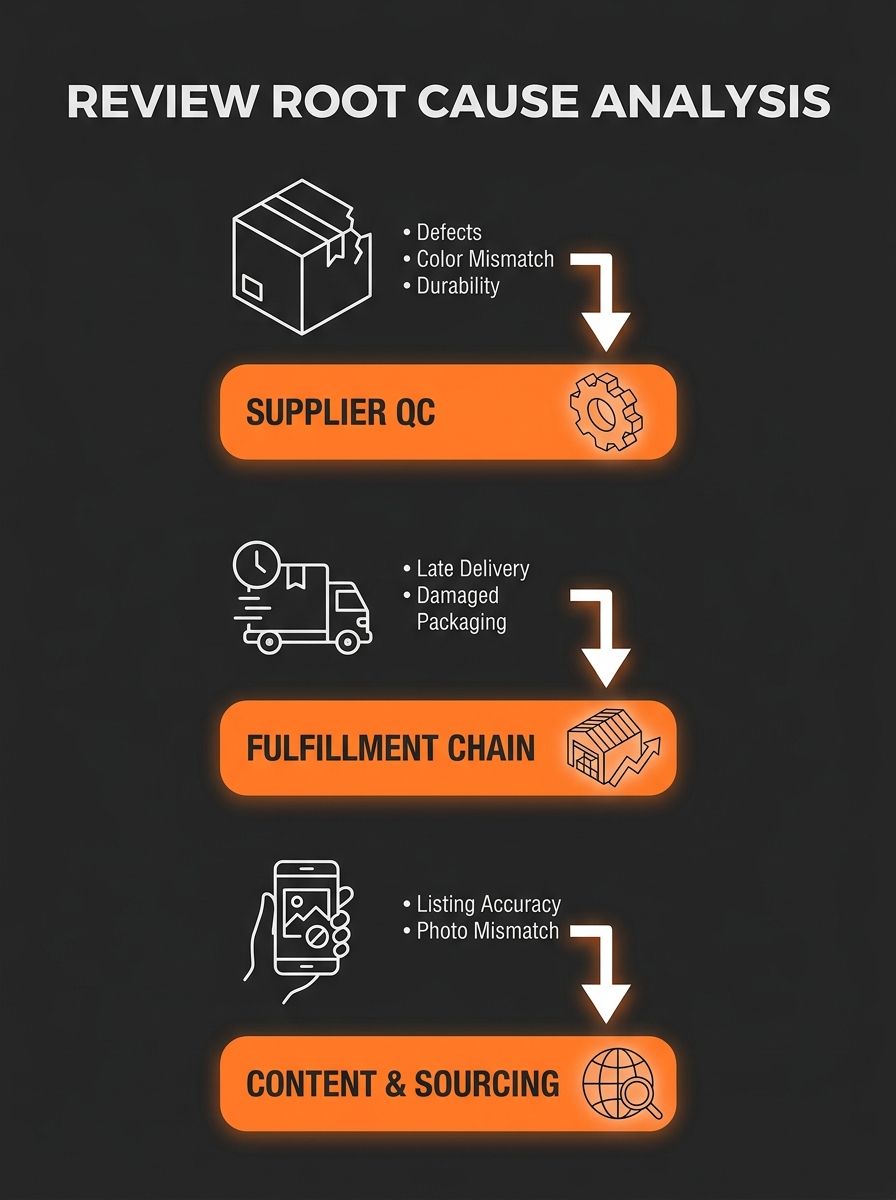 infographic showing three categories of customer review complaints mapped to operational root causes - Product Quality complaints (defects, color mismatch, durability) mapping to Supplier QC, Logistic