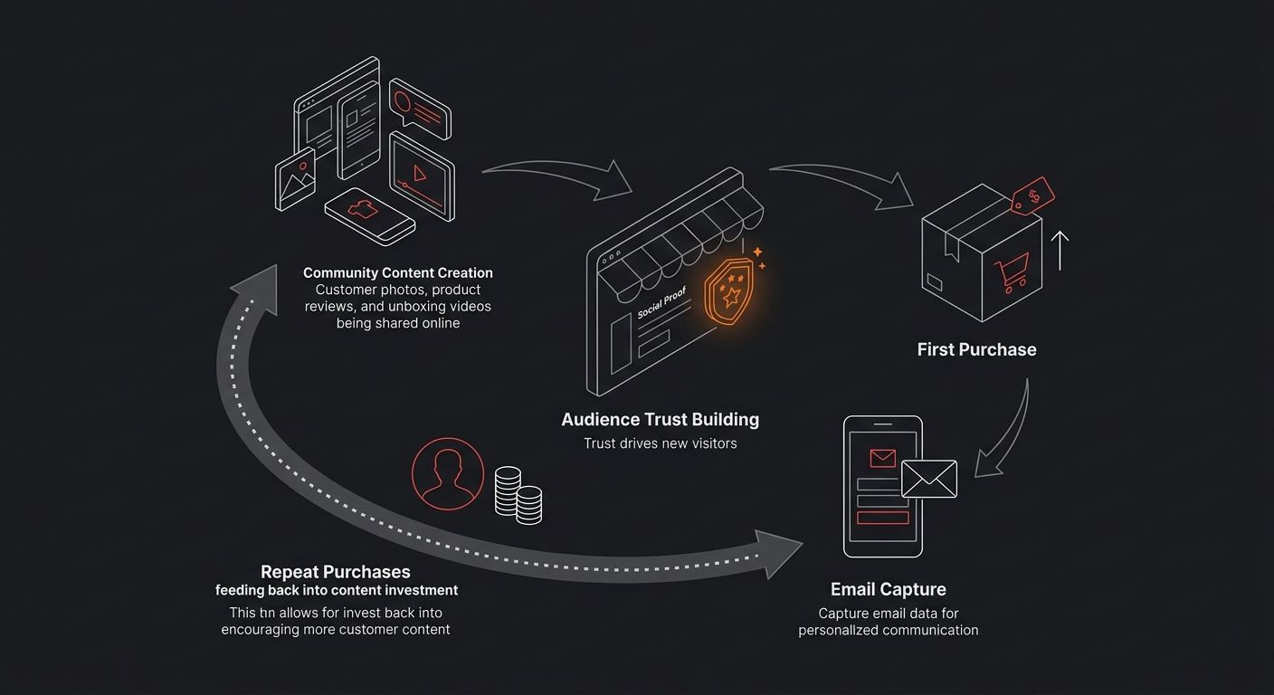 Diagram showing the repeat purchase flywheel for a niche dropshipping store with five connected stages — community content creation, audience trust building, first purchase, email capture, and repeat 