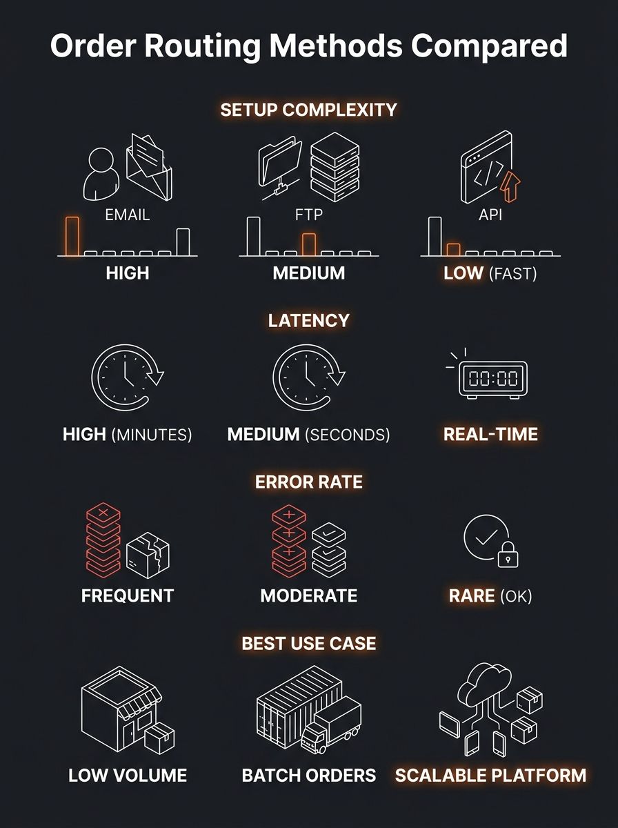 Infographic showing three order routing methods (Email, FTP, API) side by side, with columns for setup complexity, latency, error rate, and best use case for each method