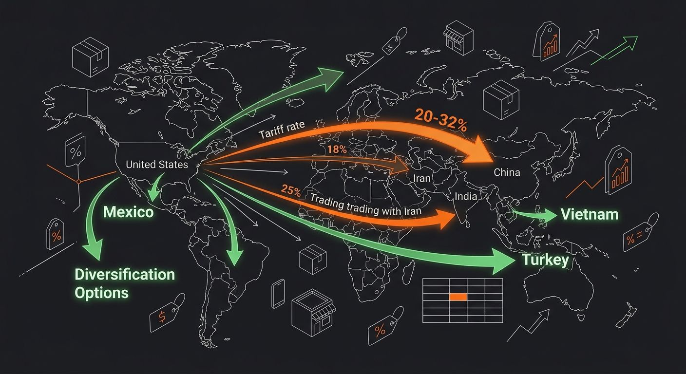 A world map showing tariff rates radiating from the United States — 20-32% toward China, 18% toward India, 25% toward Iran-trading nations — with arrows pointing to alternative sourcing regions like V