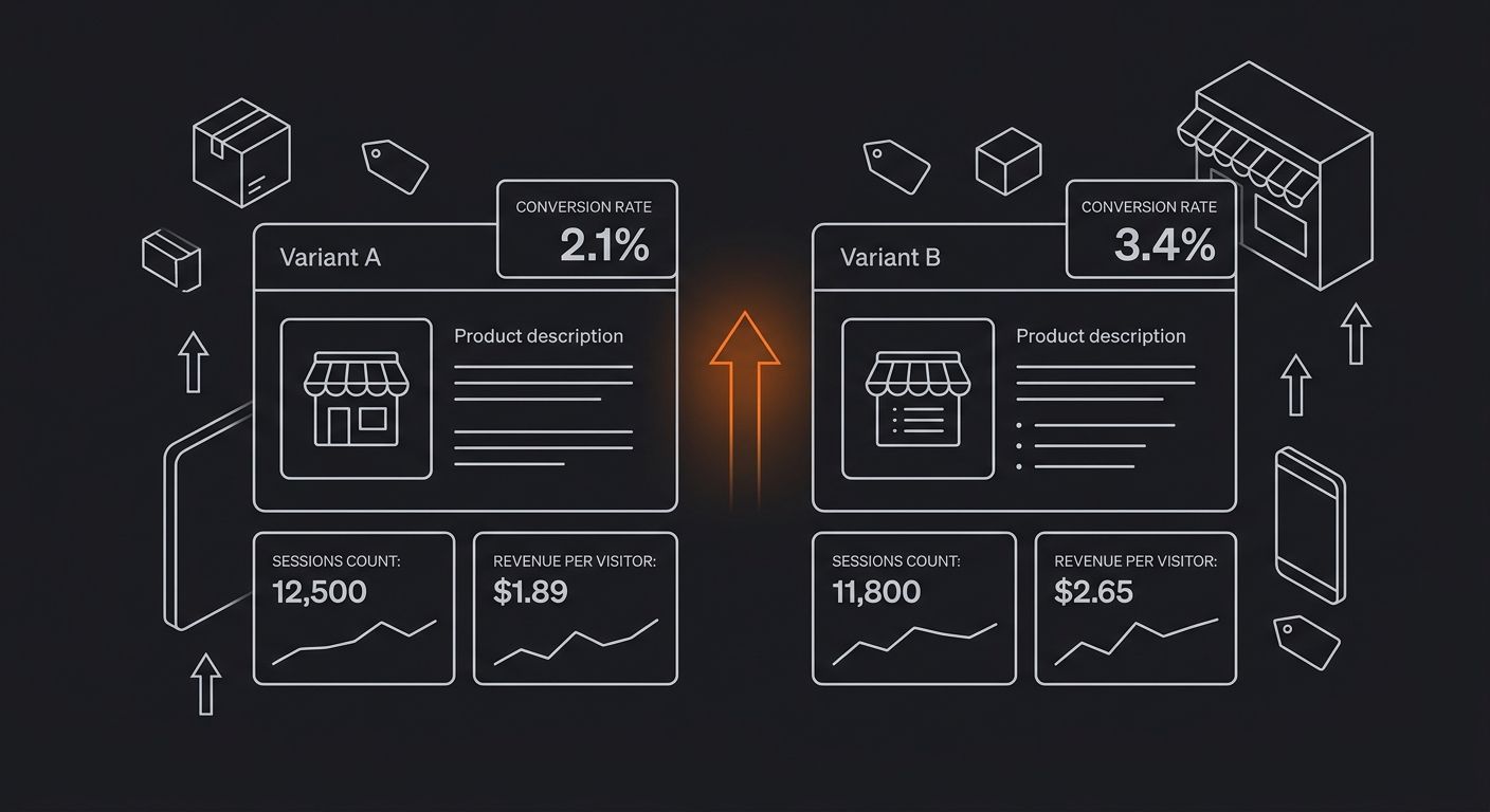 Screenshot-style illustration of an A/B test dashboard showing two product description variants side by side with different conversion rates of 2.1 percent and 3.4 percent along with sessions counts a
