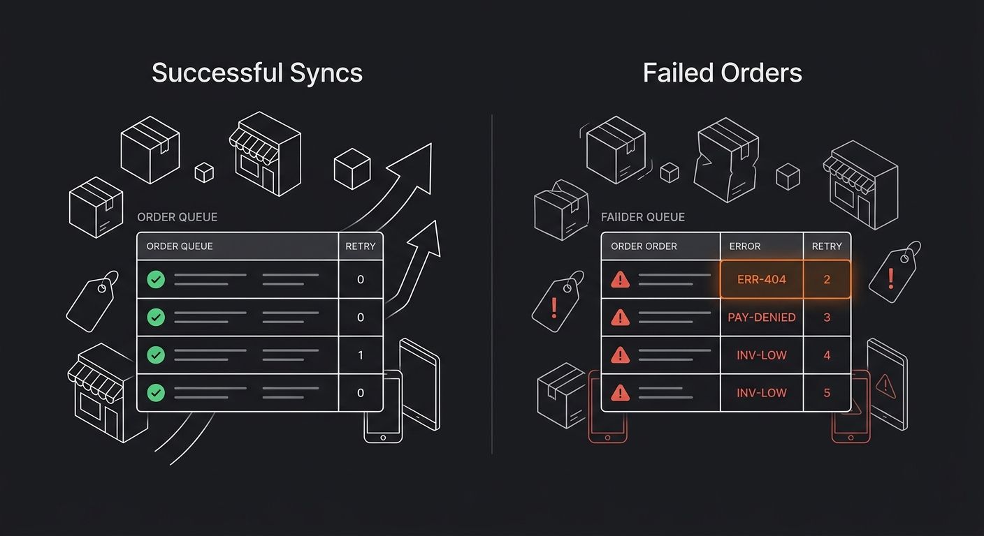 Side-by-side comparison dashboard showing a middleware sync app's order queue with green checkmarks for successful syncs and red alerts for failed orders, displaying retry counts and error codes