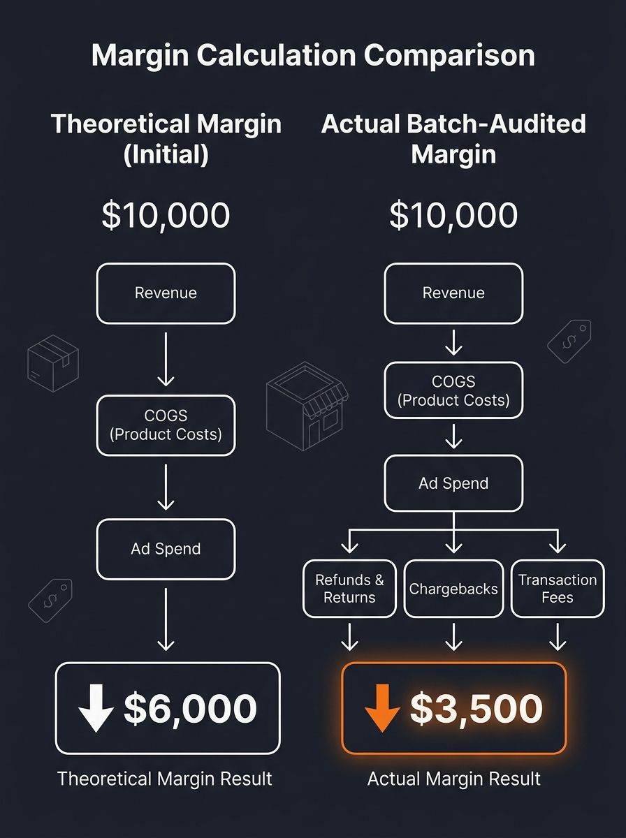 infographic showing a side-by-side comparison of theoretical margin calculation vs actual batch-audited margin, with labeled cost line items like COGS, ad spend, refunds, chargebacks, and transaction 
