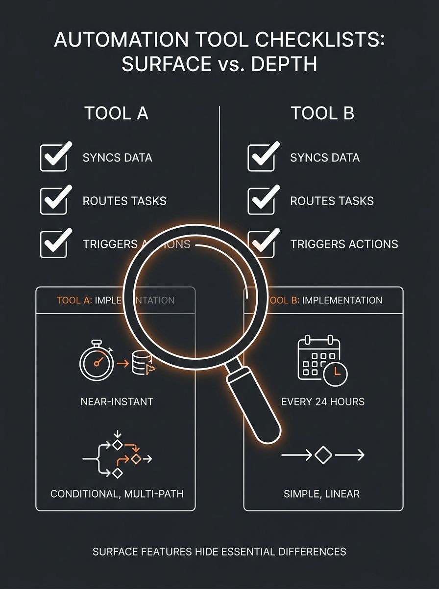 A side-by-side comparison showing two automation tool feature checklists that look identical on the surface, with a magnifying glass revealing different implementation details beneath each matching ch