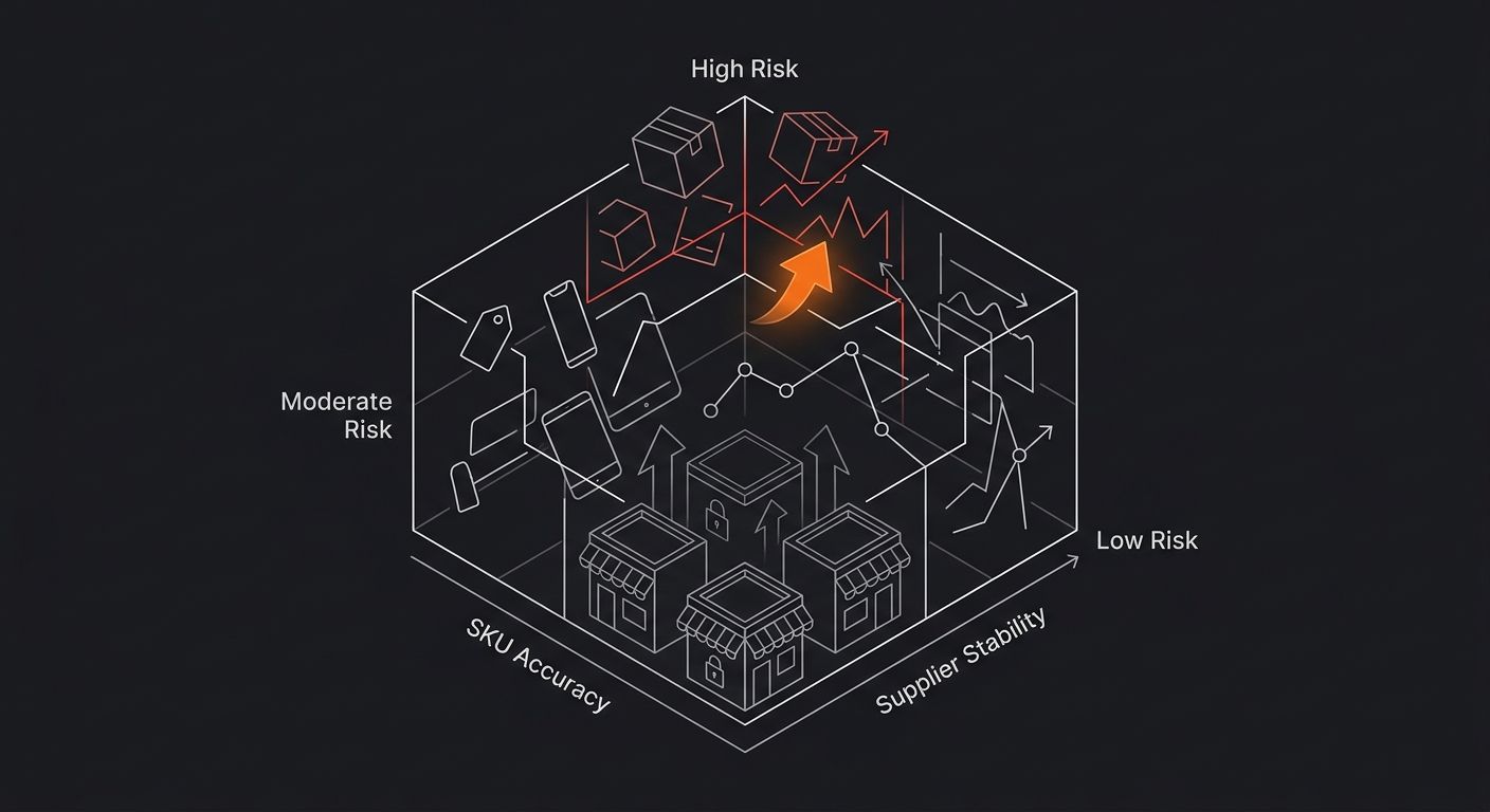 A risk matrix diagram showing three axes—sync reliability, SKU accuracy, and supplier stability—with zones marked as low risk, moderate risk, and high risk for dropshipping operations