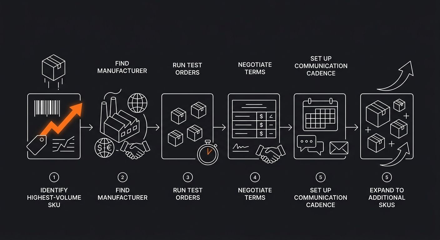Flowchart showing the step-by-step process of transitioning from platform aggregator to direct supplier sourcing — starting with identifying highest-volume SKU, then finding manufacturer, running test