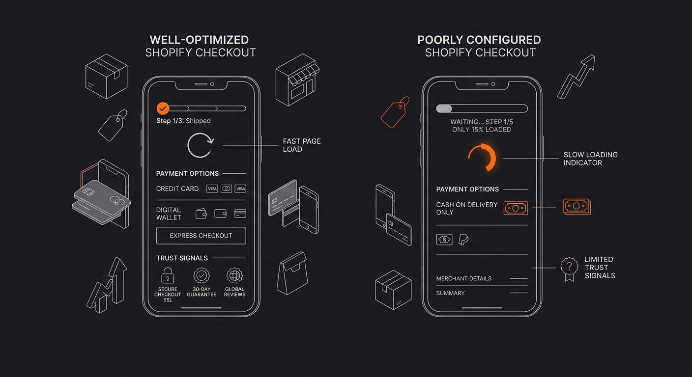 side-by-side mobile phone screenshots showing a well-optimized Shopify checkout flow versus a poorly configured one, highlighting load time indicators, payment options, and trust signals