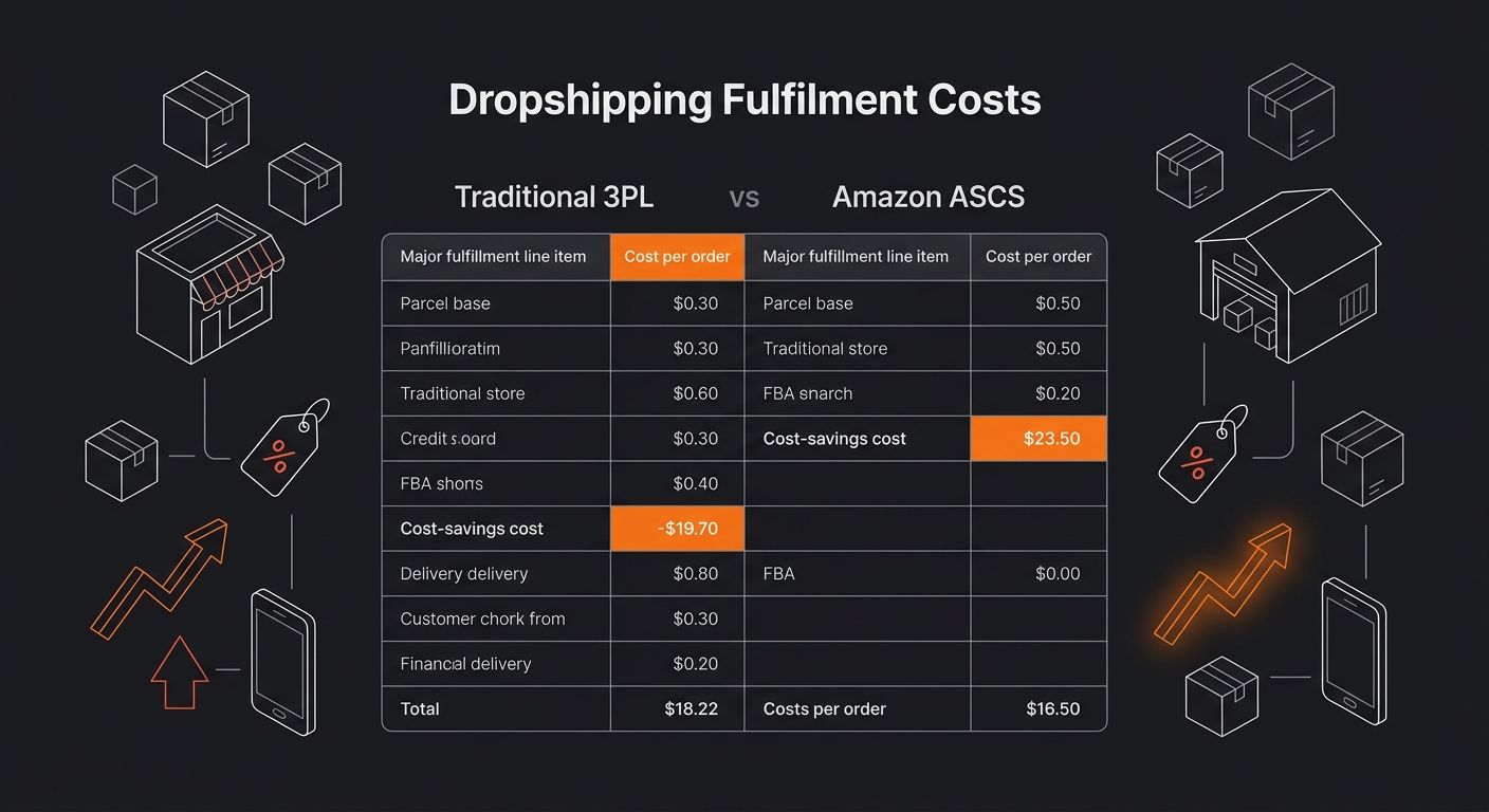 Side-by-side comparison table showing fulfillment cost breakdown for a dropshipping operation using a traditional 3PL versus estimated Amazon ASCS costs, with line items for pick-pack, storage, shippi