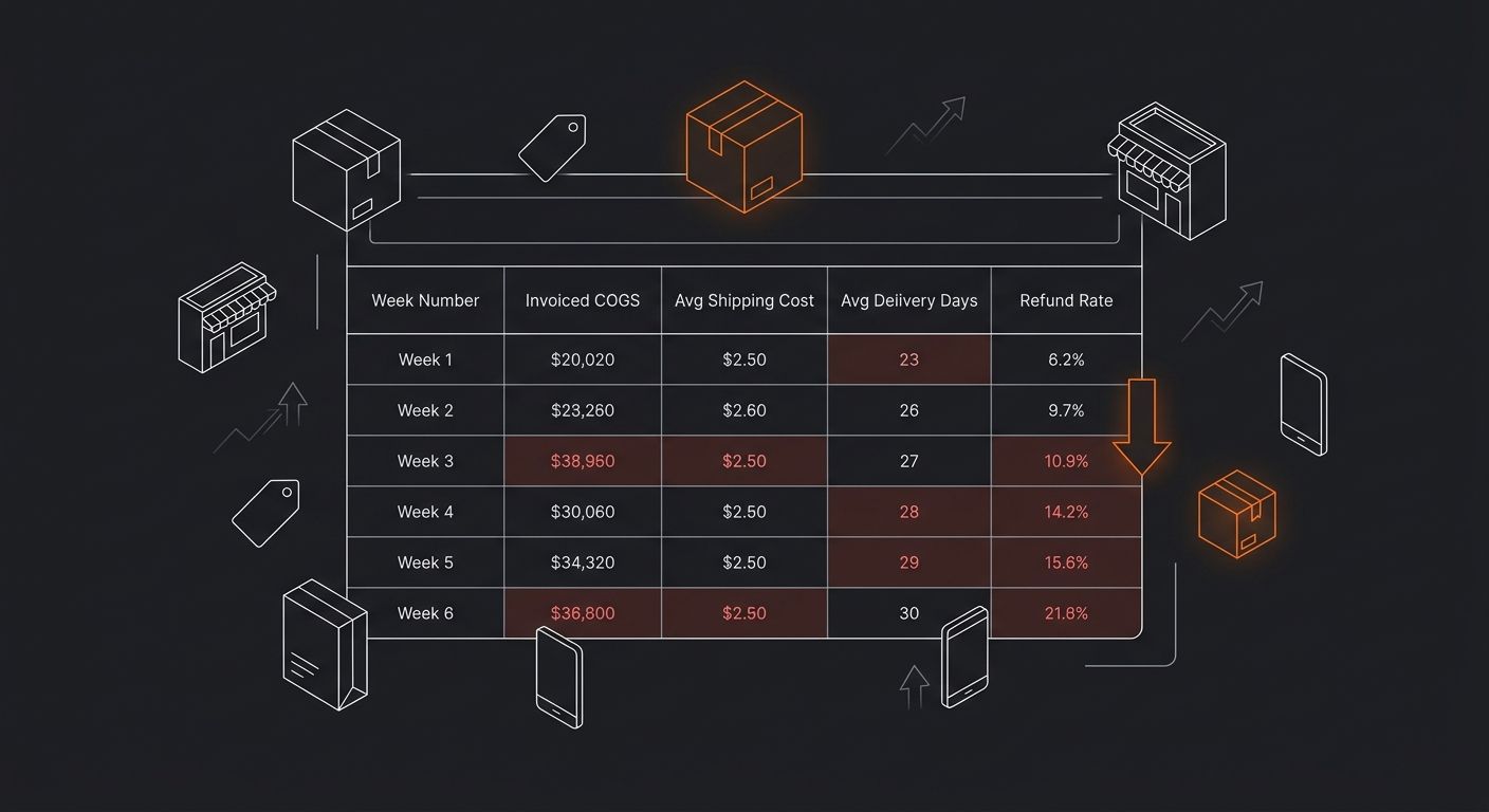 a simple weekly supplier scorecard template showing columns for Week Number, Invoiced COGS, Avg Shipping Cost, Avg Delivery Days, and Refund Rate, with sample data across 6 weeks showing gradual degra