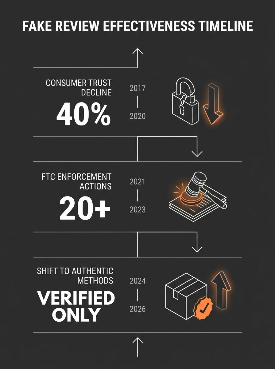 Infographic showing a timeline from 2017 to 2026, with key milestones marking the rise and fall of fake review effectiveness, including data points for consumer trust decline percentages, FTC enforcem
