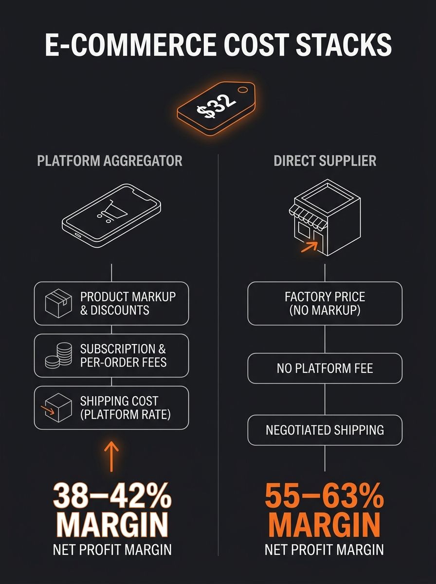 Infographic comparing two cost stacks side by side — left column shows platform aggregator cost breakdown (product markup, subscription fee amortized, per-order fee, shipping) totaling to 38-42% margi