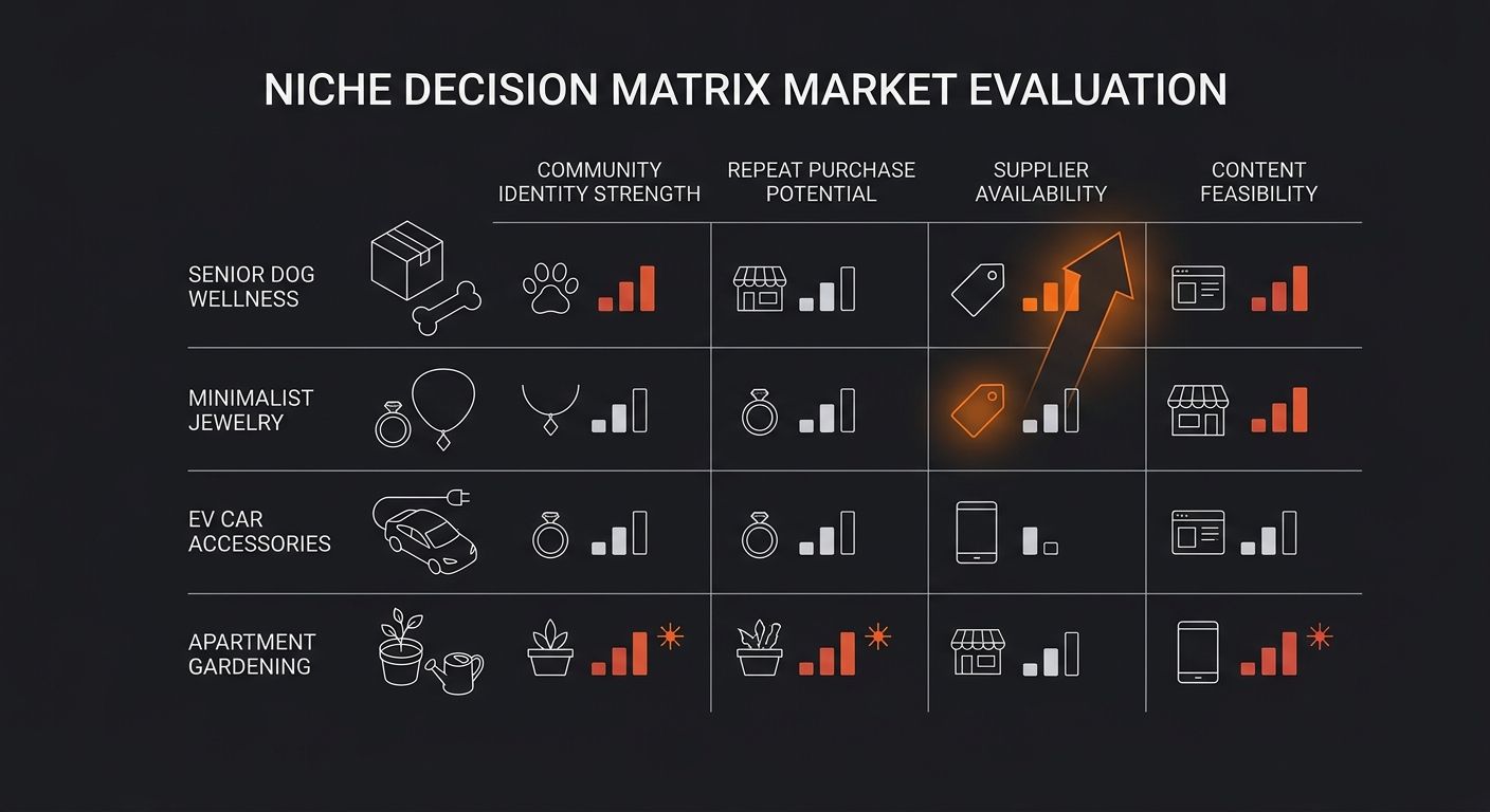 A decision matrix chart evaluating four niche examples — senior dog wellness, minimalist jewelry, EV car accessories, and apartment gardening — scored across community identity strength, repeat purcha