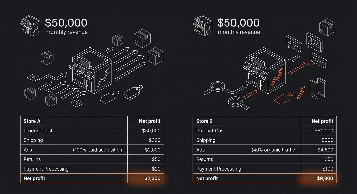 side-by-side comparison of two outdoor furniture dropshipping stores, both showing $50,000 monthly revenue but vastly different profit outcomes - Store A with 100% paid acquisition showing $2,200 net 