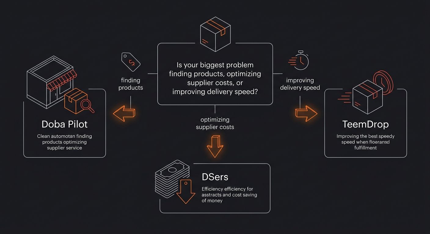 Flowchart showing a decision tree for choosing between Doba Pilot, DSers, and TeemDrop based on three questions: Is your biggest problem finding products, optimizing supplier costs, or improving deliv