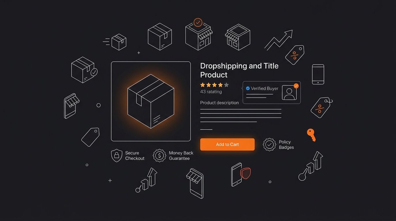 A mockup of a dropshipping product page showing optimal placement of trust signals — verified buyer review with photo near the product description, policy badges flanking the Add to Cart button, and a