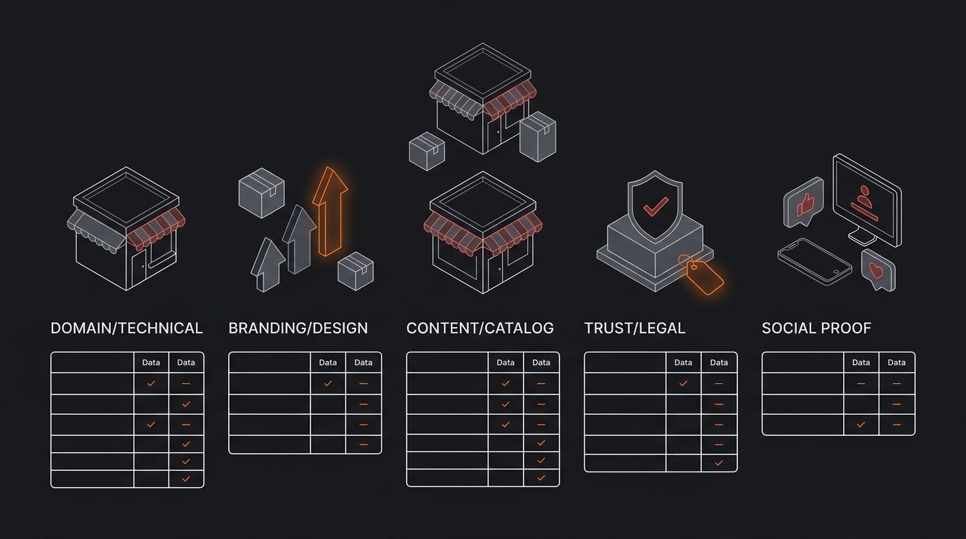 infographic showing a pre-approval store audit checklist organized into five columns — Domain/Technical, Branding/Design, Content/Catalog, Trust/Legal, and Social Proof — with pass/fail indicators for
